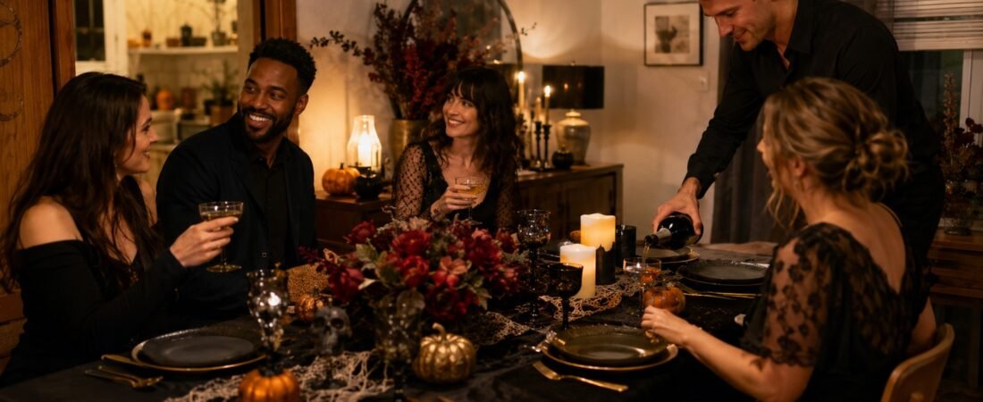 Adults enjoying an elegant Halloween dinner at home with burgundy flowers, black table linens, candles, and small pumpkins.