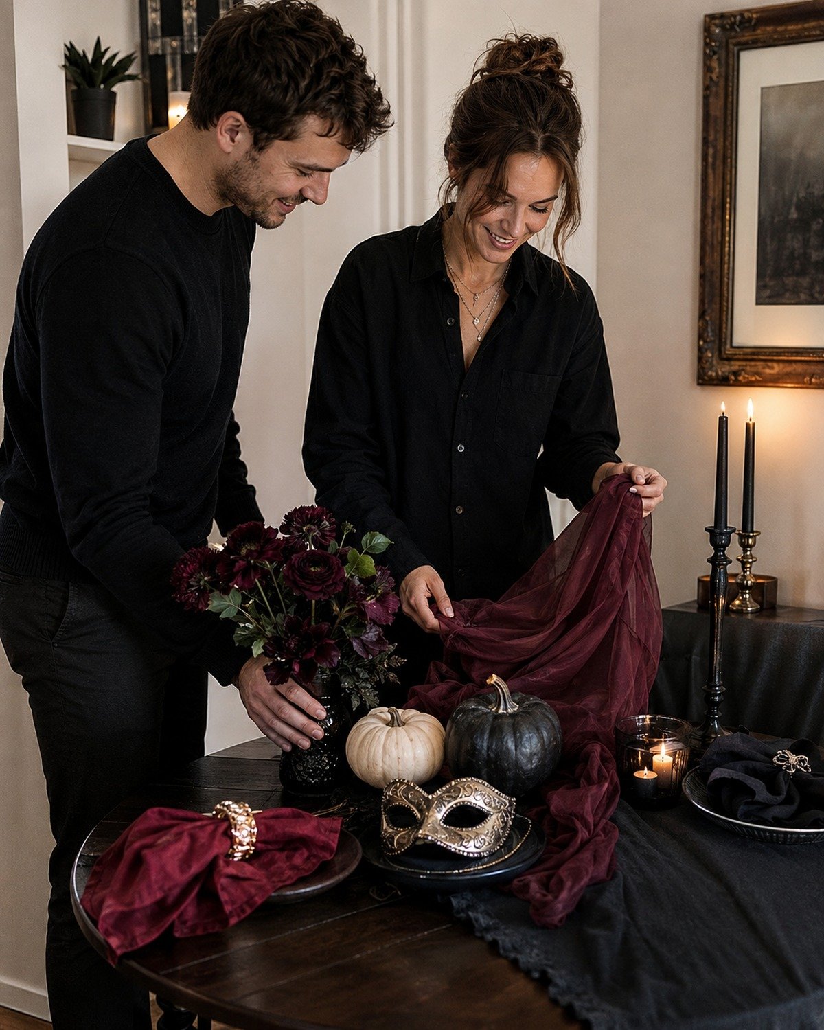 Two adults arranging burgundy fabric, dark flowers, black pumpkins, candles, and a masquerade mask for a spooky-chic Halloween table.