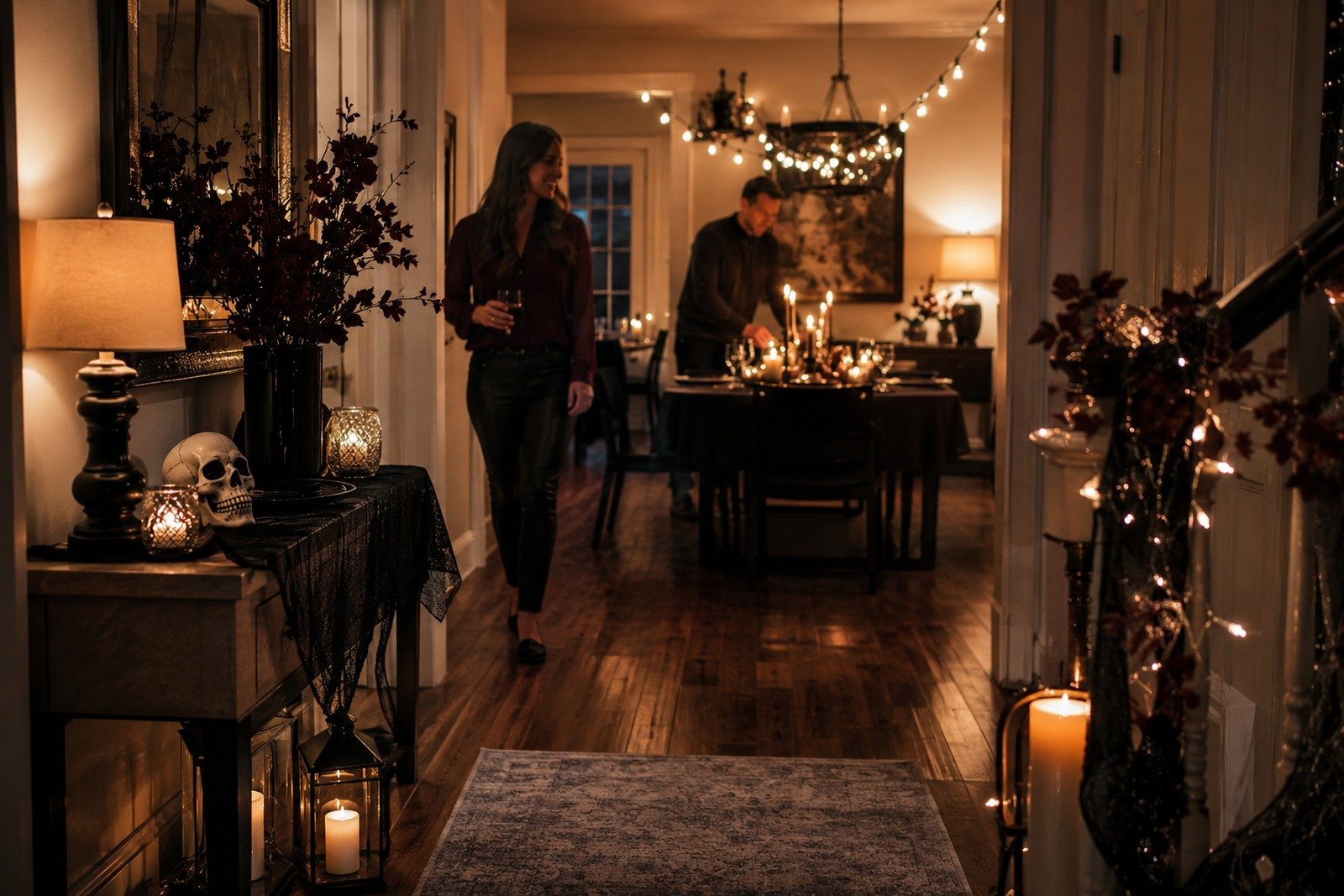 Warm layered Halloween lighting in a real home with table candles, string lights, lamps, and low pathway lighting.