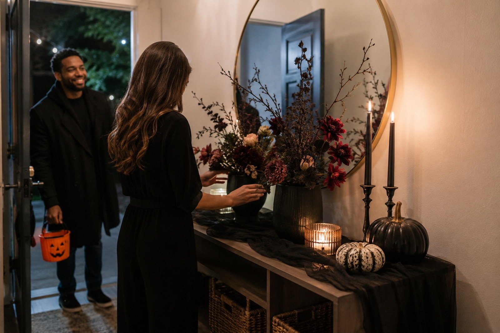 Simple Halloween entryway with dark flowers, a round mirror, black and white pumpkins, candles, and a guest arriving at the door.
