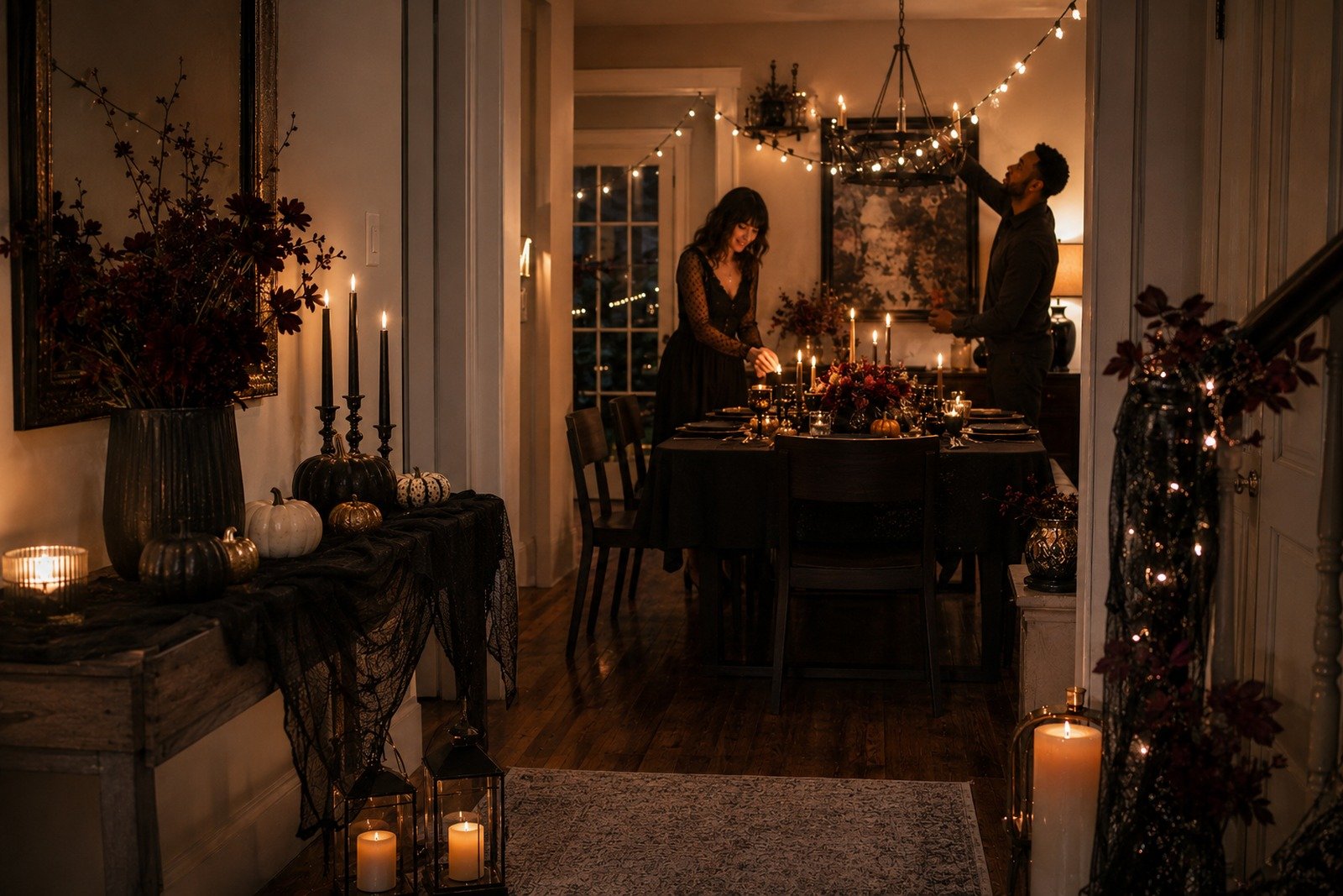 A realistic home dining room prepared for Halloween with a black tablecloth, burgundy flowers, candles, pumpkins, and warm string lights.